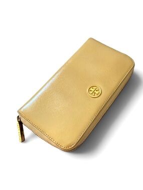 Tory Burch Mustard Saffiano Zip-Around Wallet with Gold Logo